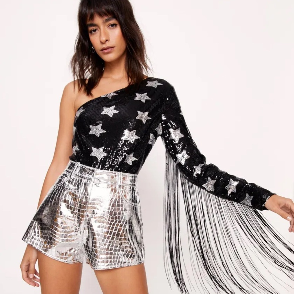 Nasty Gal One Shoulder Star Sequin Fringe Bodysuit
